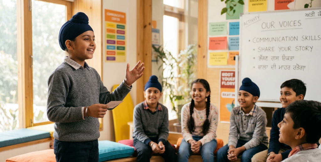 child practicing English speaking in communication class